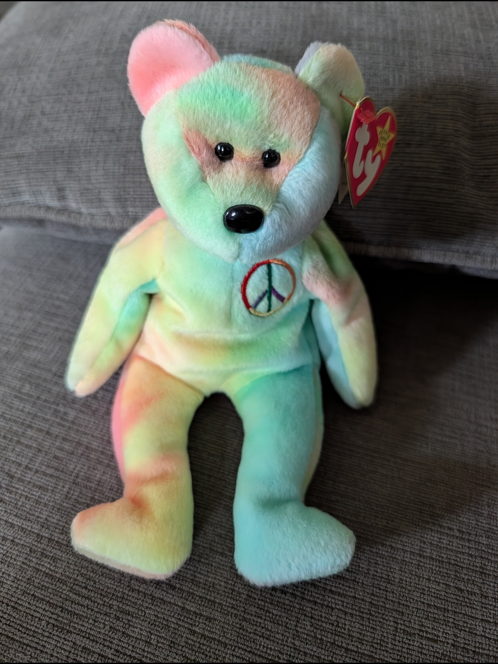 Ty Beanie Baby PEACE Bear - Pastel Tie-Dye Plush Born February 1, 1996